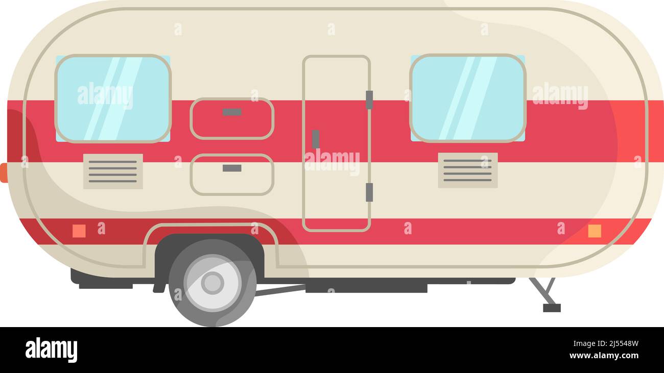 Rimorchio bianco con strisce rosse. Vagone per tour all'aperto della vacanza estiva, icona piatta illustrazione vettoriale isolato su sfondo bianco Illustrazione Vettoriale