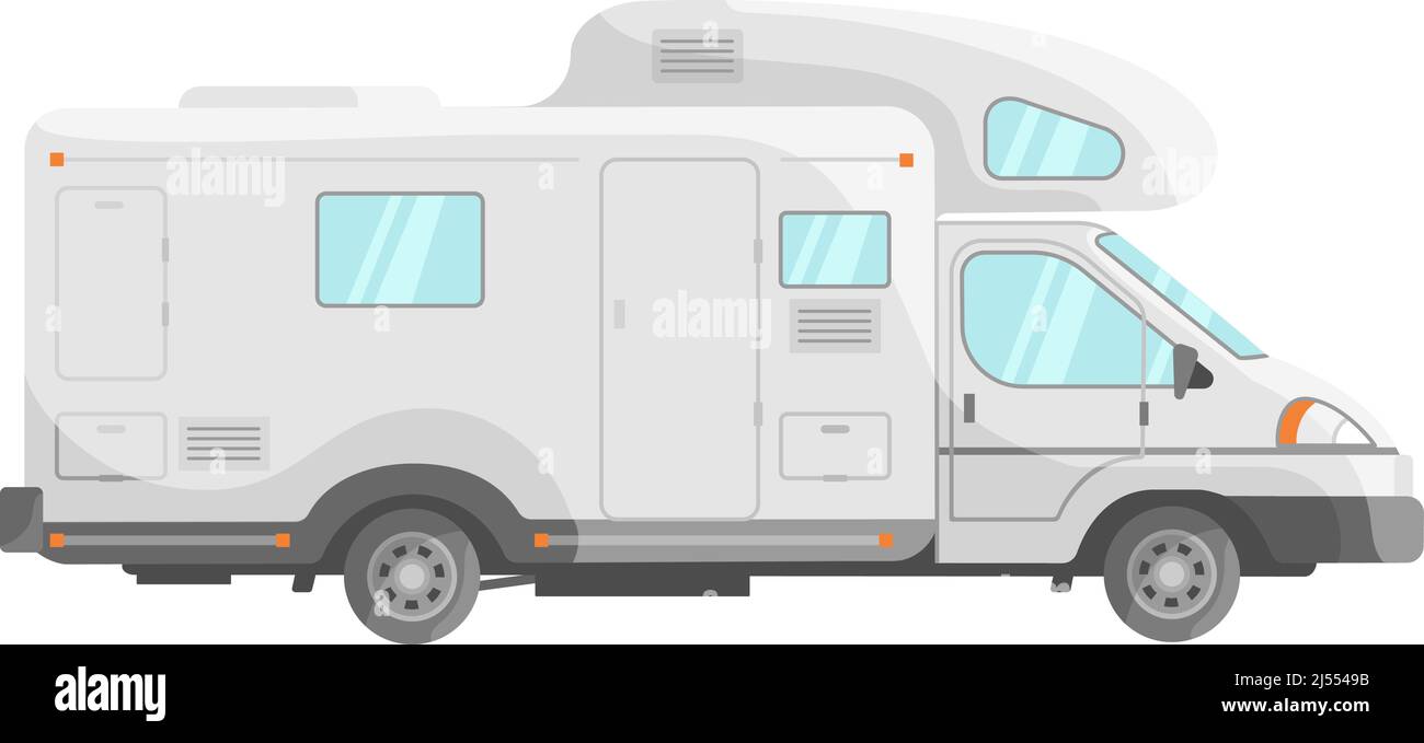 Casa mobile bianca. Carino camion da viaggio, bus a motore, icona flat vettore illustrazione isolato su sfondo bianco Illustrazione Vettoriale
