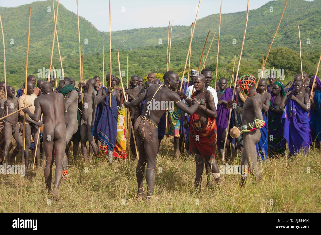 Donga stick lotta cerimonia, tribù Surma, Tulgit, Omo river valley, Etiopia Foto Stock