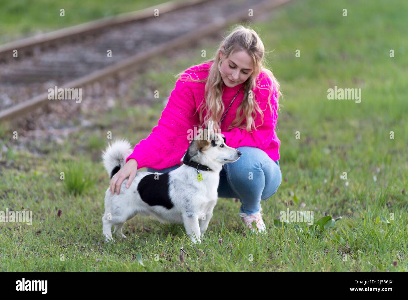 ragazza carina bionda con il suo cane all'aperto Foto Stock