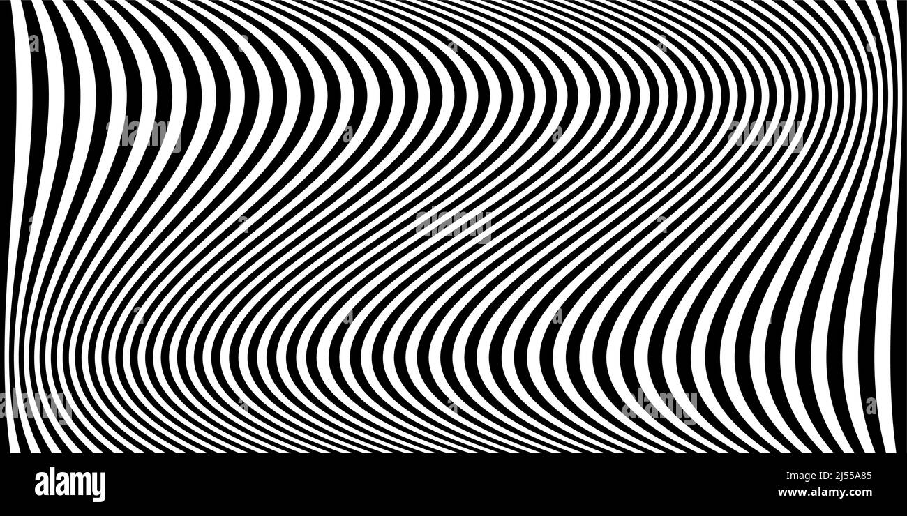 Striscione nero a strisce ondulate. Linee zebra dell'Africa psichedelica. Modello astratto. Texture con curve a righe ondulate. Sfondo ottico. Linee nere ondulate Illustrazione Vettoriale
