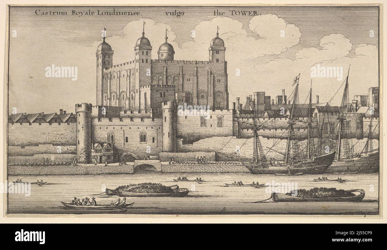 Vista della Torre di Londra dal fiume Tamigi, con Traitor's Gate di fronte, Wenceslaus Hollar Foto Stock