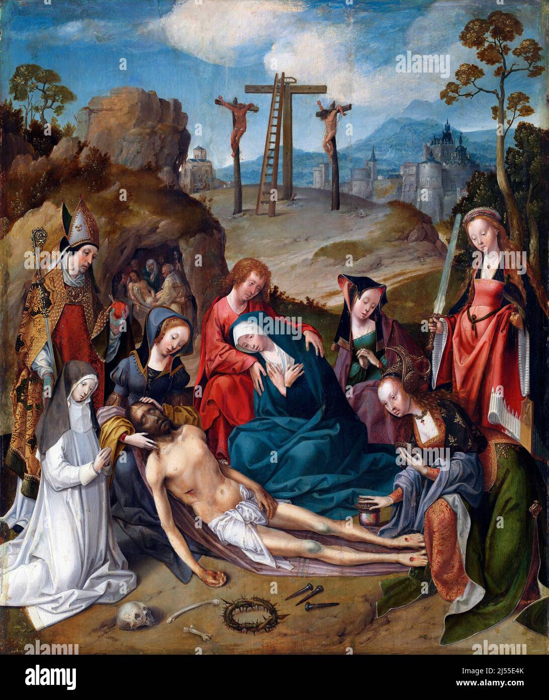 La Lamentazione con donatori e Santi di Cornelis Engebrechtsz (1462-1527) e laboratorio, olio su legno, c.. 1510-15 Foto Stock