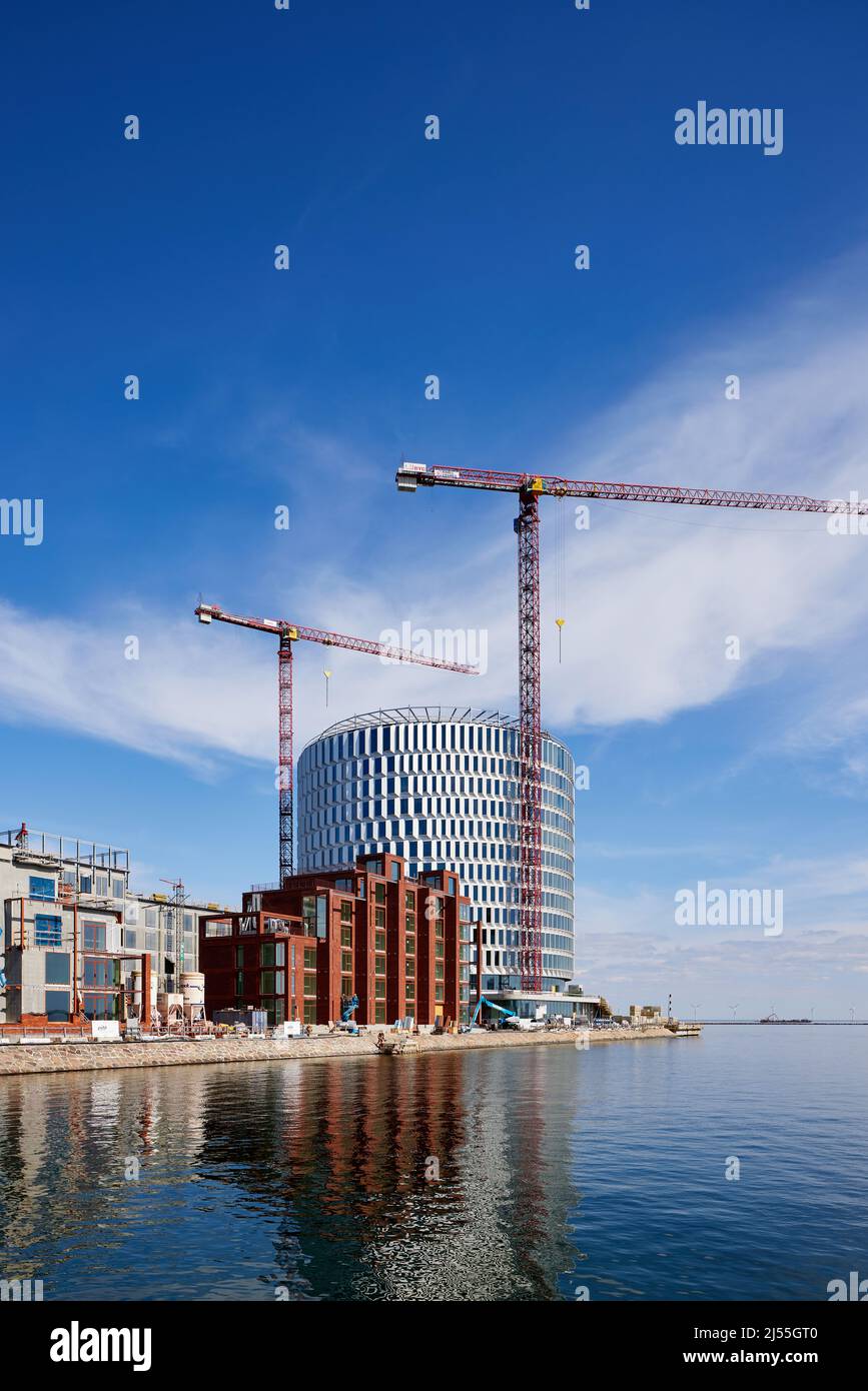 Costruzione dell'edificio circolare degli uffici 'Spidsen' a Nordø/Redmolen, Copenaghen, Danimarca Foto Stock