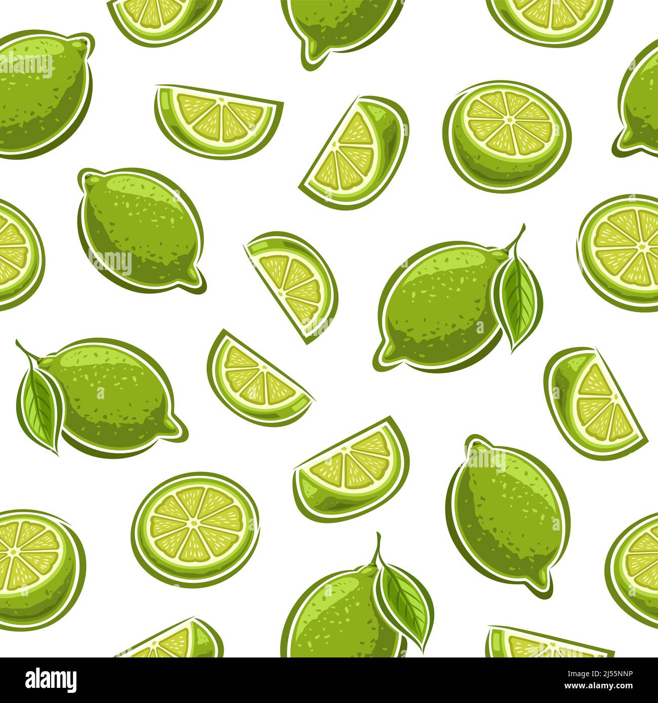 Vector Lime Seamless Pattern, sfondo ripetuto con set di illustrazioni ritagliate interi lime naturali con foglie, gruppo di frutta matura affettata, cho Illustrazione Vettoriale