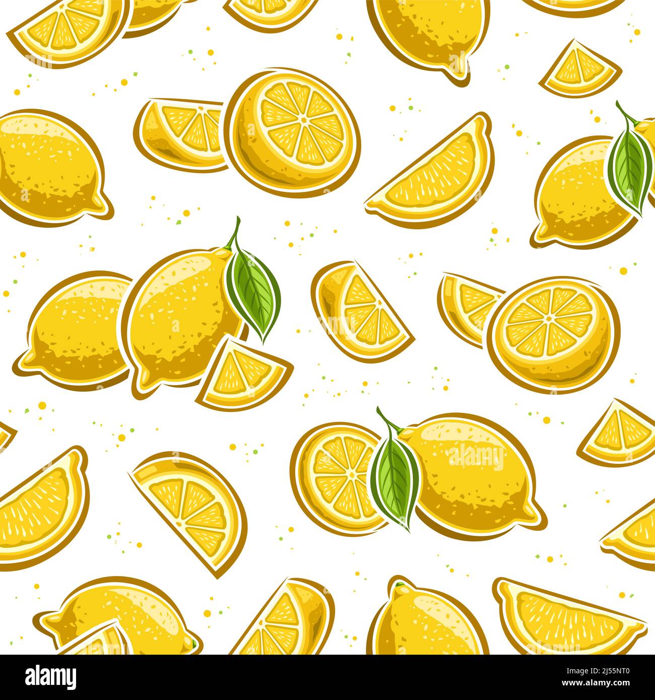 Vector Lemon Seamless Pattern, ripetizione sfondo con set di illustrazioni ritagliate limoni naturali con foglie verdi, gruppo di frutta ancora vita, cho Illustrazione Vettoriale