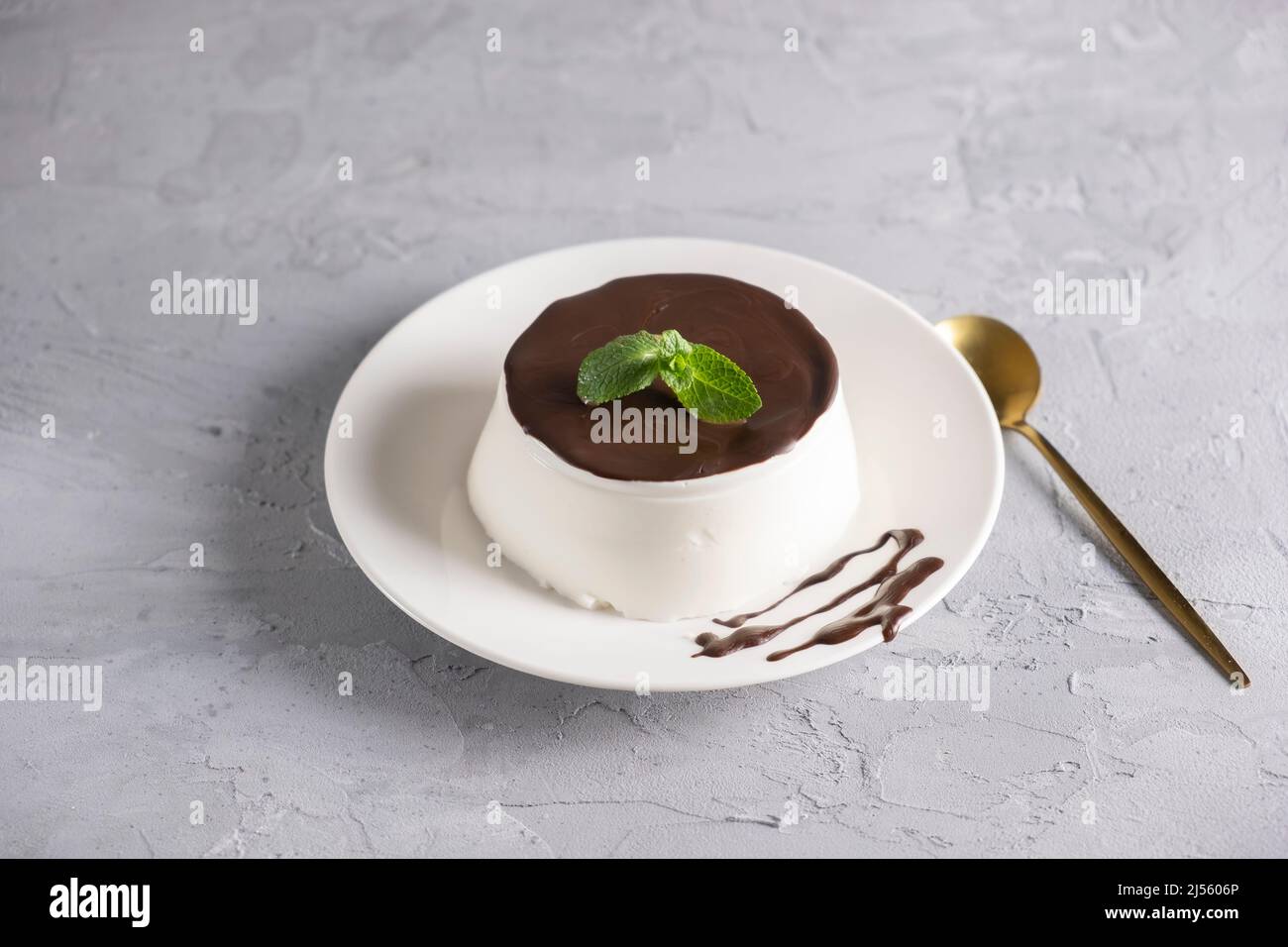 Dessert italiano panna cotta servita su piatto bianco con salsa di cioccolato e menta fresca su sfondo grigio chiaro Foto Stock