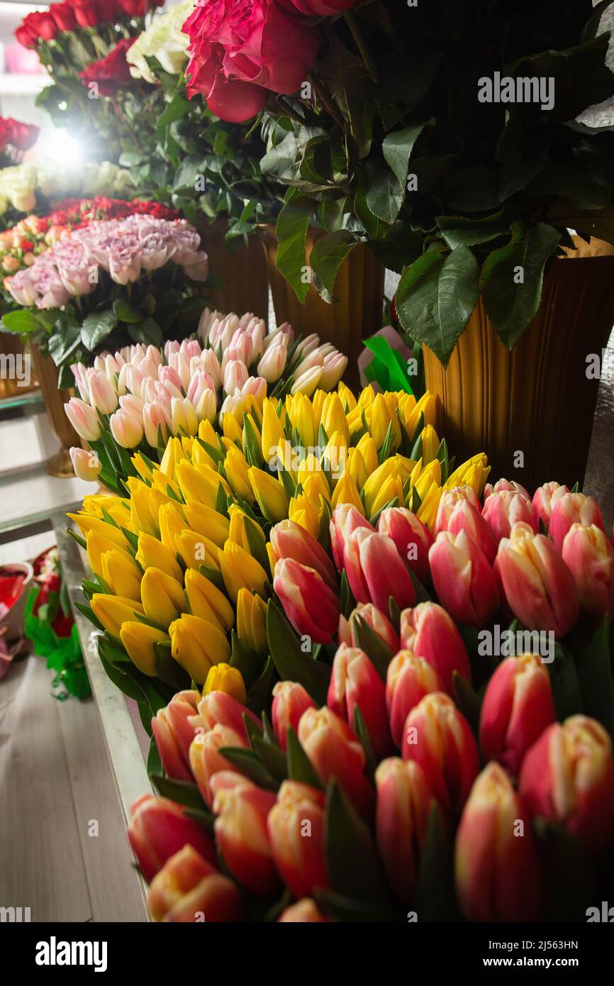 Molti colori diversi sul tavolo del negozio di fiori. Vetrina. Sfondo di mix di fiori. Bellissimi fiori per catalogo o negozio online. FL Foto Stock