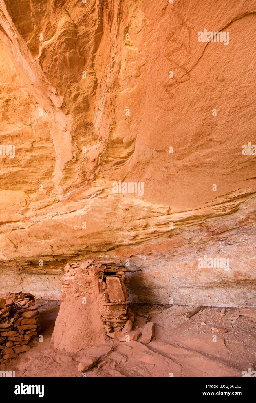 Un pittogramma di granaio e serpente nelle rovine di Owl Creek Canyon nel monumento nazionale Bears Ears nello Utah. Le rovine dell'Owl Creek Canyon nel FIS Foto Stock