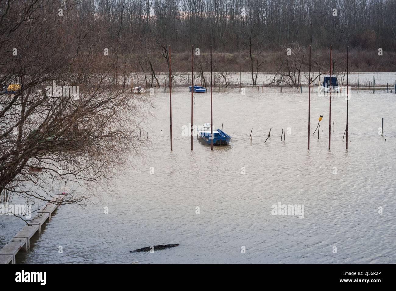 Foto del lungomare di Pancevo dal fiume Tamis, inondato in inverno. Pancevo è una città e il centro amministrativo del distretto di Banat Sud in Foto Stock