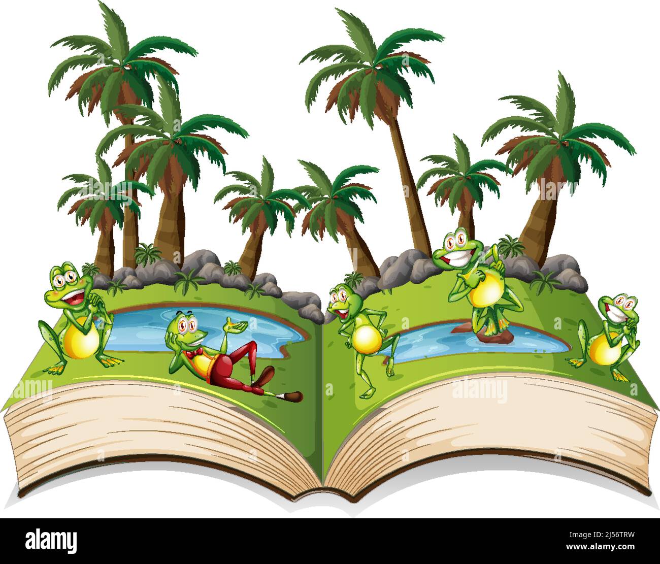 Storybook con rane accanto al laghetto illustrazione Illustrazione Vettoriale