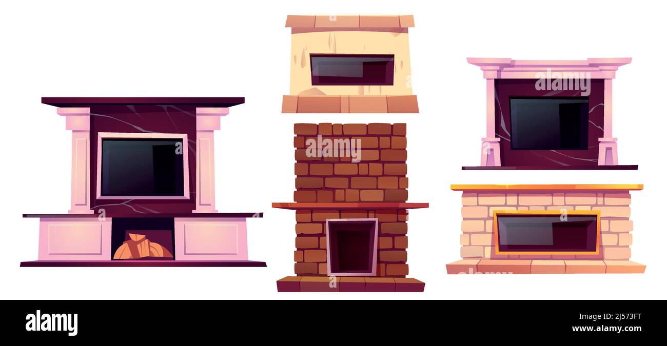 Camino, camini interni casa set. Stufe interne in stile rustico, tradizionale, vintage e moderno con tronchi e porte di vetro. Impianto di riscaldamento cottage in mattoni o marmo, illustrazione vettoriale Cartoon Illustrazione Vettoriale