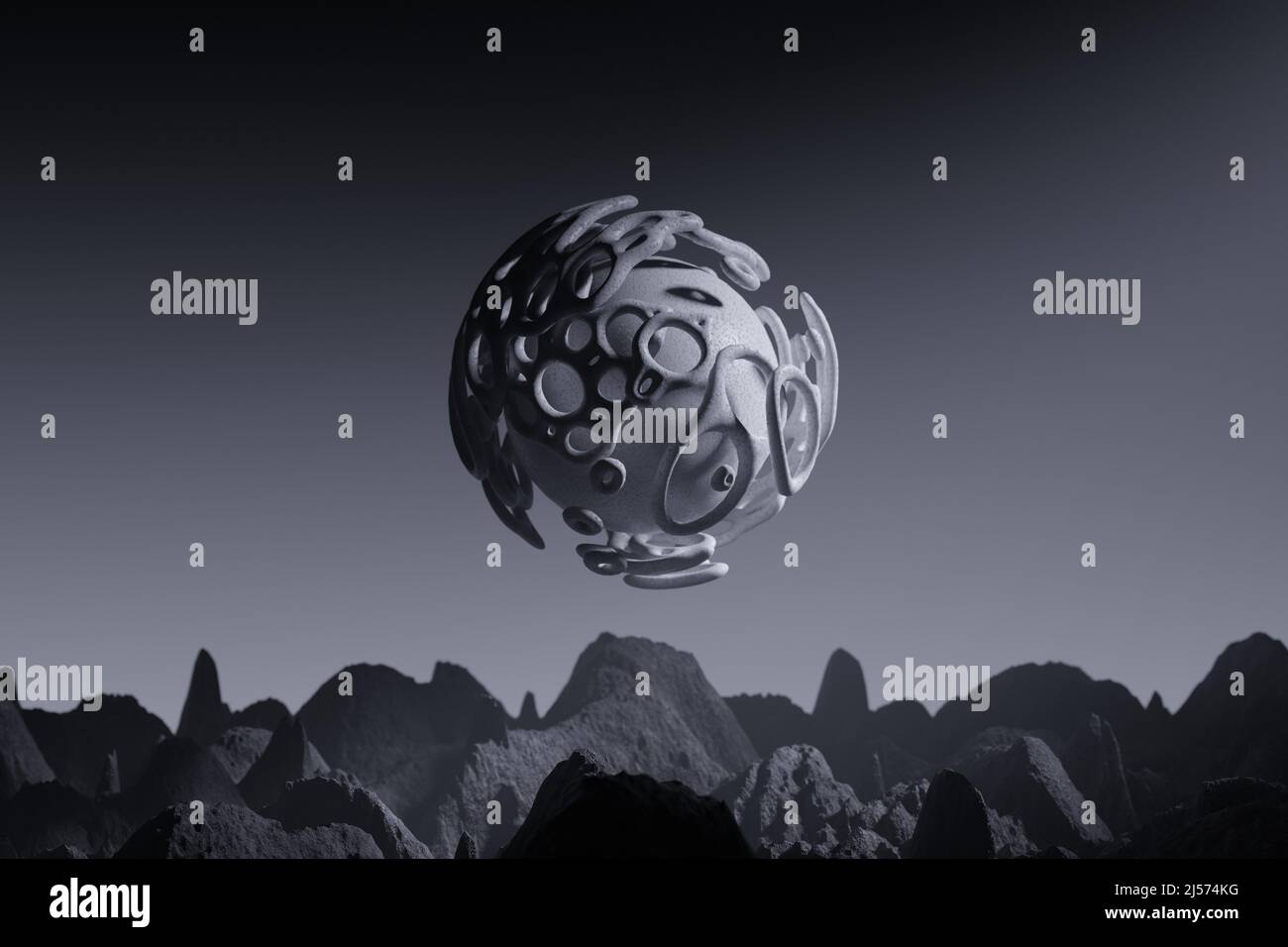 cgi rappresenta l'immagine della sfera dell'astatto su una superficie lunare Foto Stock