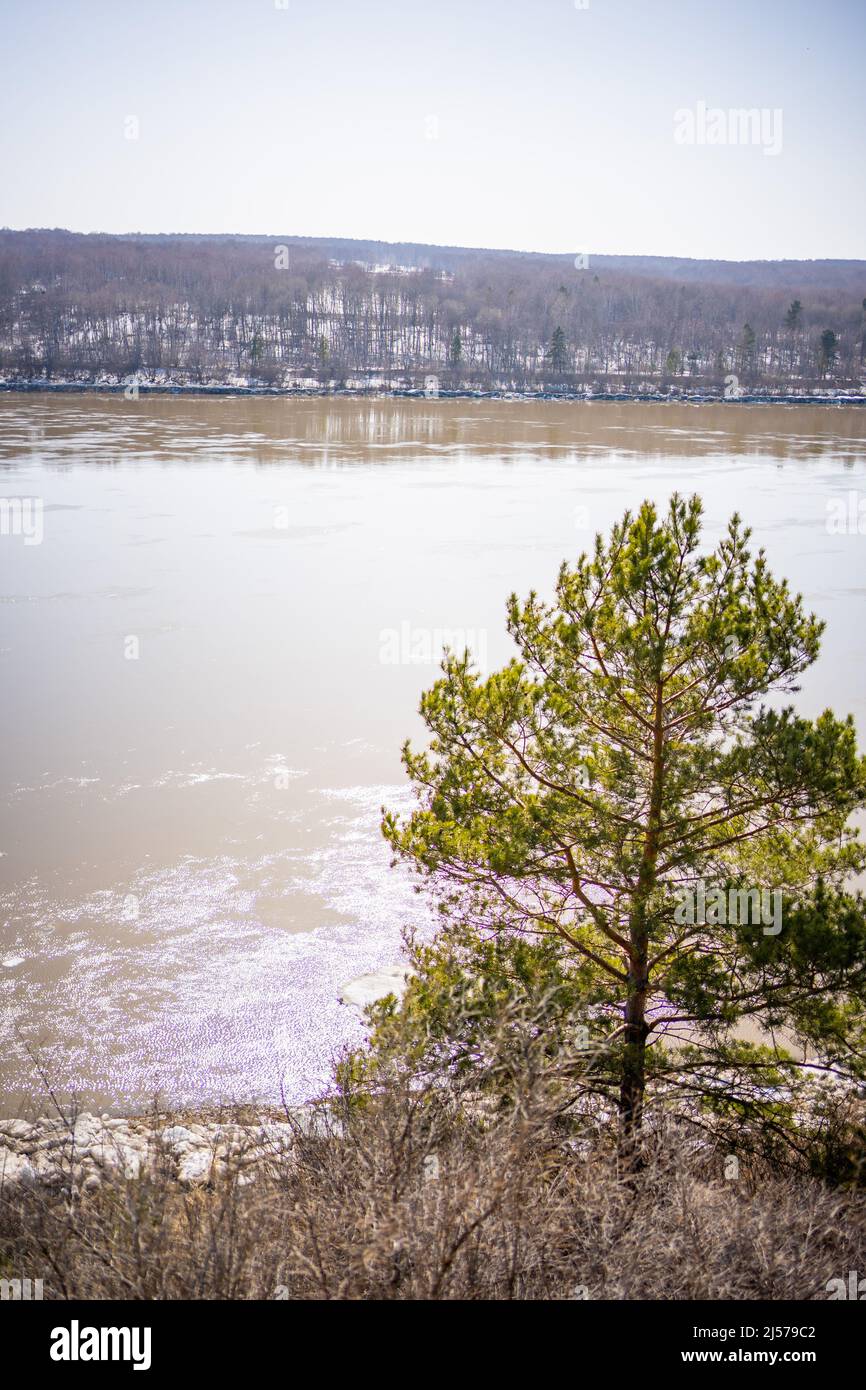 Vista dalla riva del museo all'aperto Tomsk pisanitsa situato a nord-ovest di Kemerovo sulla riva destra del fiume Tom nella Siberia Occidentale, Russia. Foto Stock