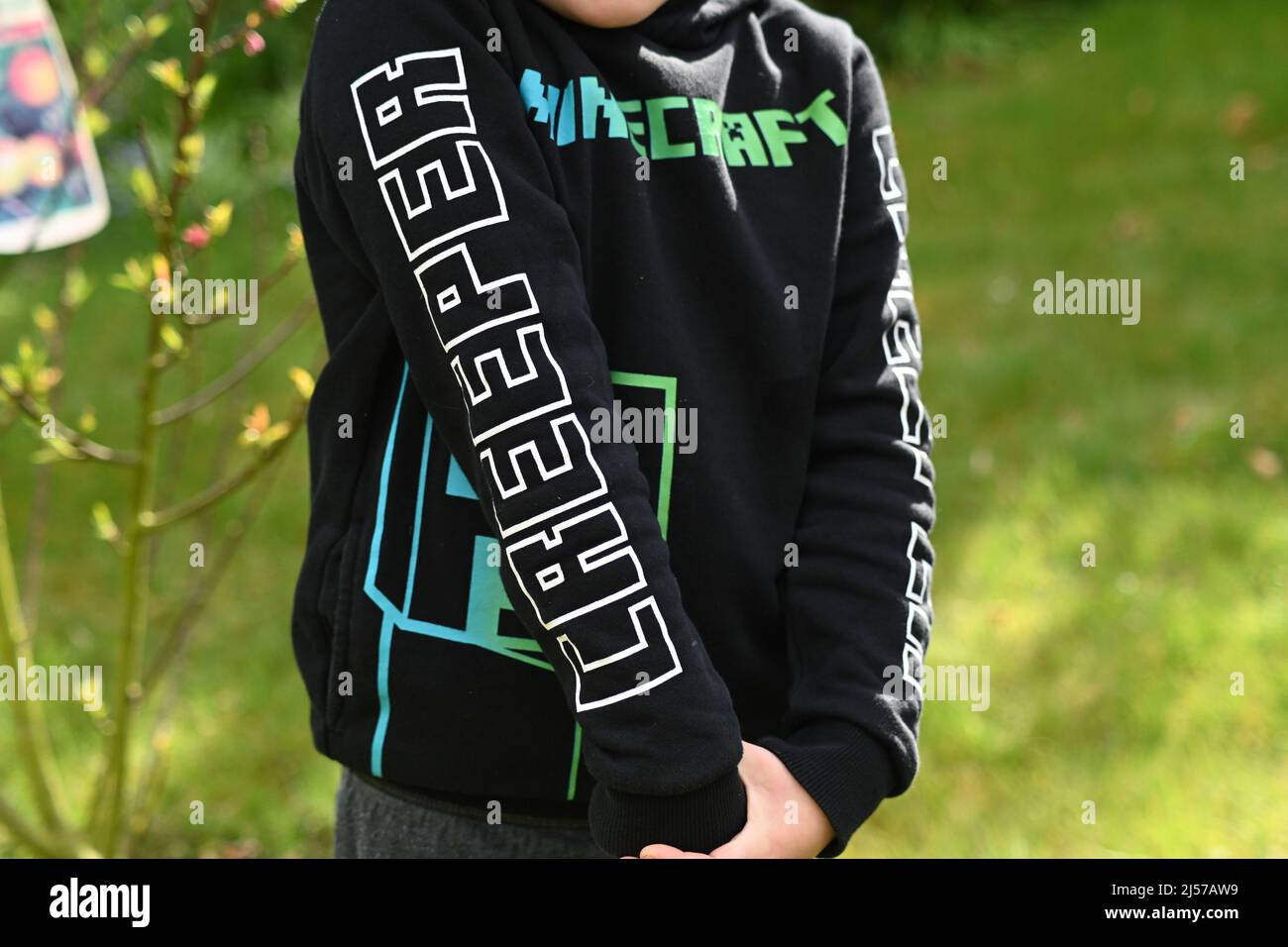 Una persona che indossa un jumper minecraft nero con Creeper scritto un braccio Foto Stock