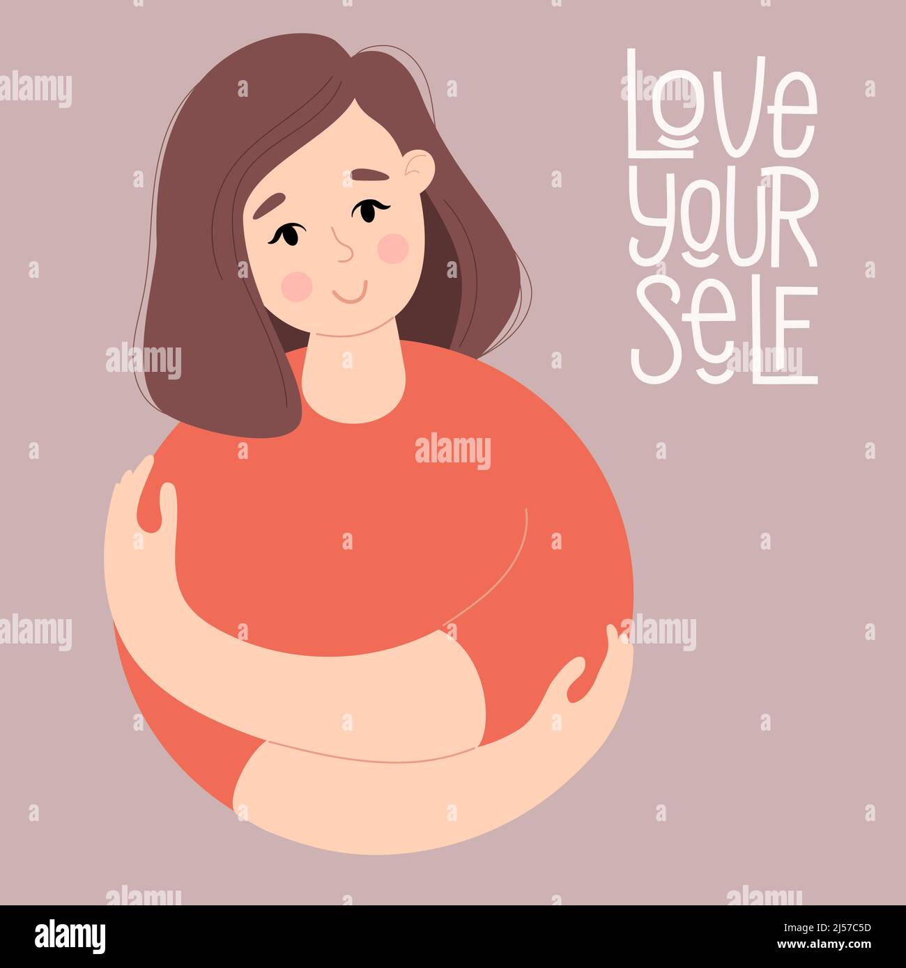 Cartolina Love Yourself. Donna graziosa con hairstyle che si abbraccia. Concetto Amatevi e trovate il tempo per voi stessi e la cura. Illustrazione vettoriale Illustrazione Vettoriale