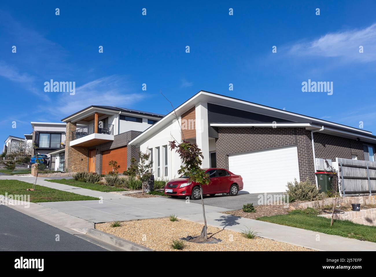 Nuove case a Denman Prospect, un nuovo sobborgo in costruzione a Canberra,ACT,Australia situato nella zona della valle di Molonglo Foto Stock
