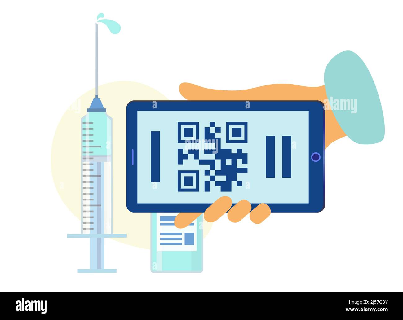 Smartphone con passaporto sanitario immunitario. Tenere lo smartphone a mano. Vettore Illustrazione Vettoriale