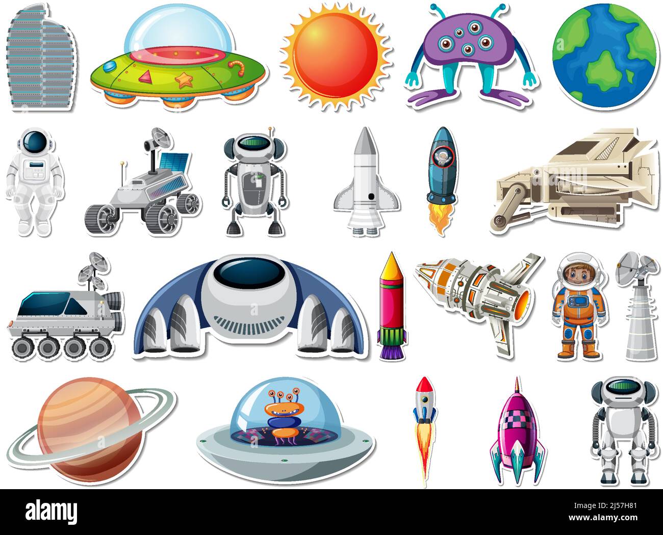 Set di adesivi per gli oggetti dello spazio esterno e illustrazione degli astronauti Illustrazione Vettoriale