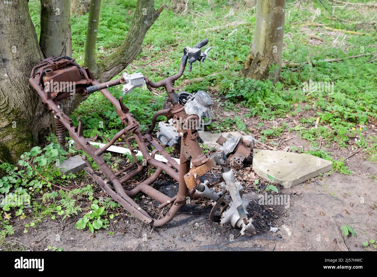 motocicletta bruciata scaricata nel bosco Foto Stock