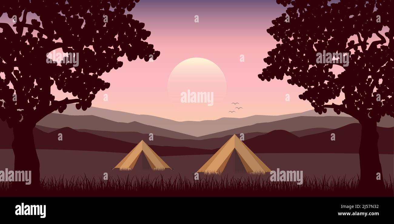 accampamento estivo tende tra gli alberi sul prato con vista sulle montagne Illustrazione Vettoriale