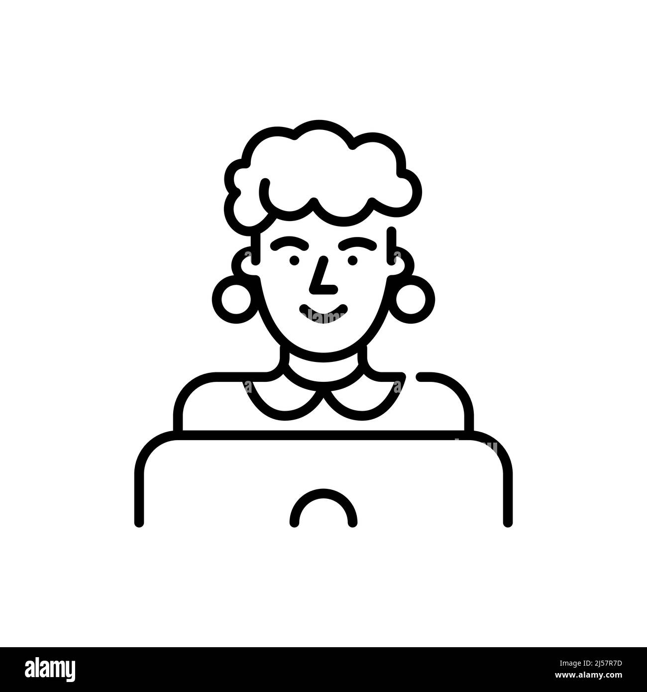 Donna elegante in abiti retrò che lavora a un computer portatile. Icona tratto modificabile pixel Perfect Illustrazione Vettoriale