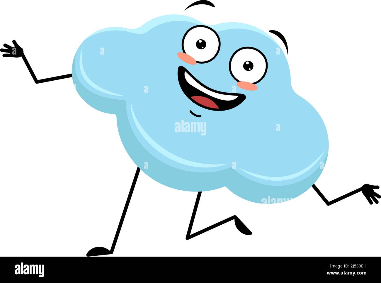 Simpatico personaggio cloud con folle emozione felice, viso gioioso, occhi sorridenti, braccia e gambe danzanti. Persona con espressione e posa divertenti. Illustrazione piatta vettoriale Illustrazione Vettoriale