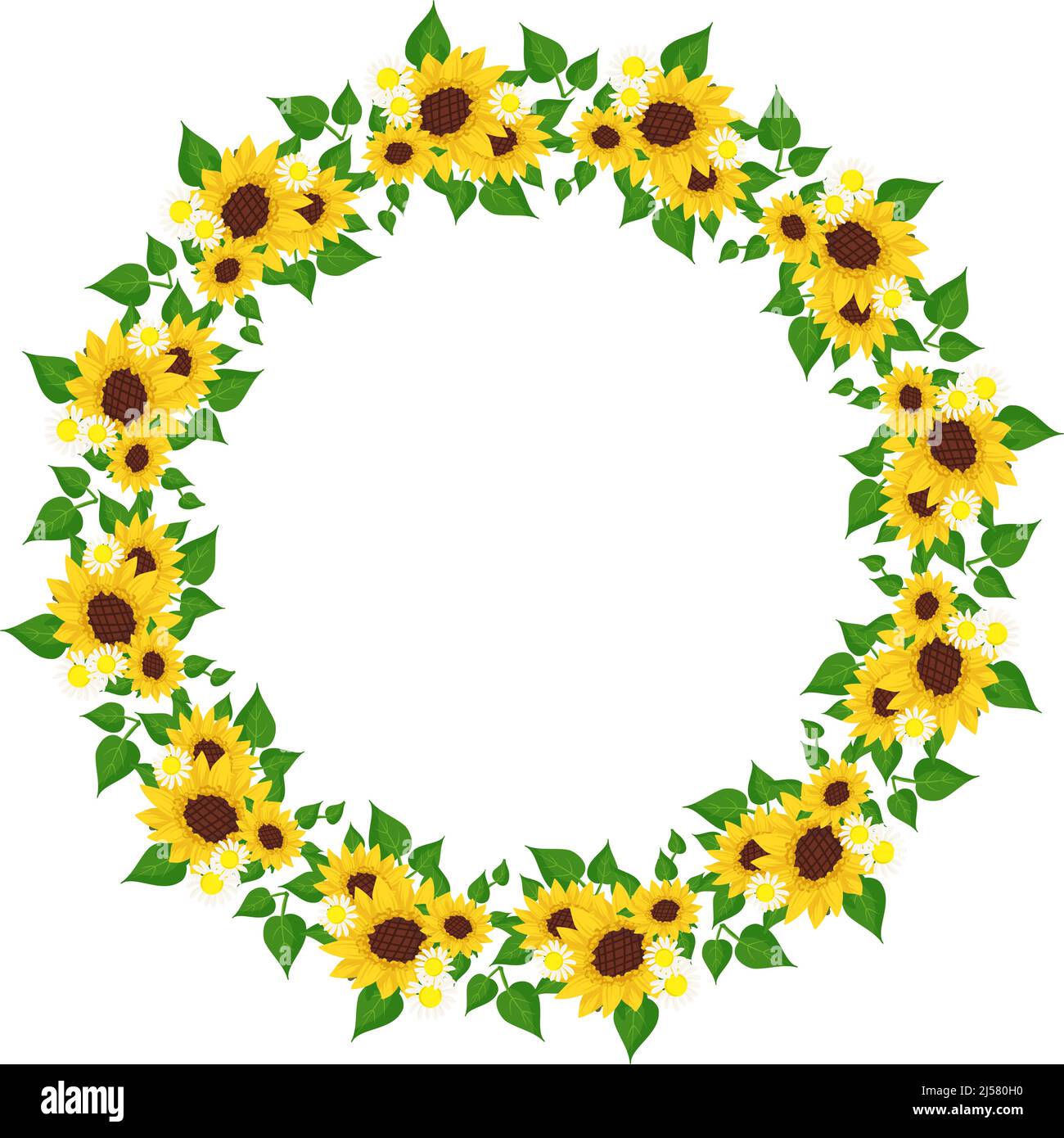 Corona di girasole e camomilla con foglie verdi. Cornice rotonda, sole luminoso carino e fiori margherita. Decorazioni natalizie per matrimoni, feste, cartoline, poster e design. Illustrazione piatta vettoriale Illustrazione Vettoriale