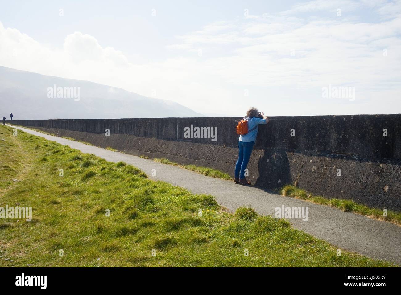 Il muro di cemento di Fairbourne è piuttosto alto e protegge le proprietà dall'alto mare Foto Stock