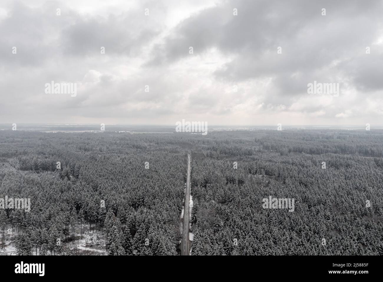 Vista aerea su una foresta innevata con una strada che conduce centralmente all'orizzonte Foto Stock