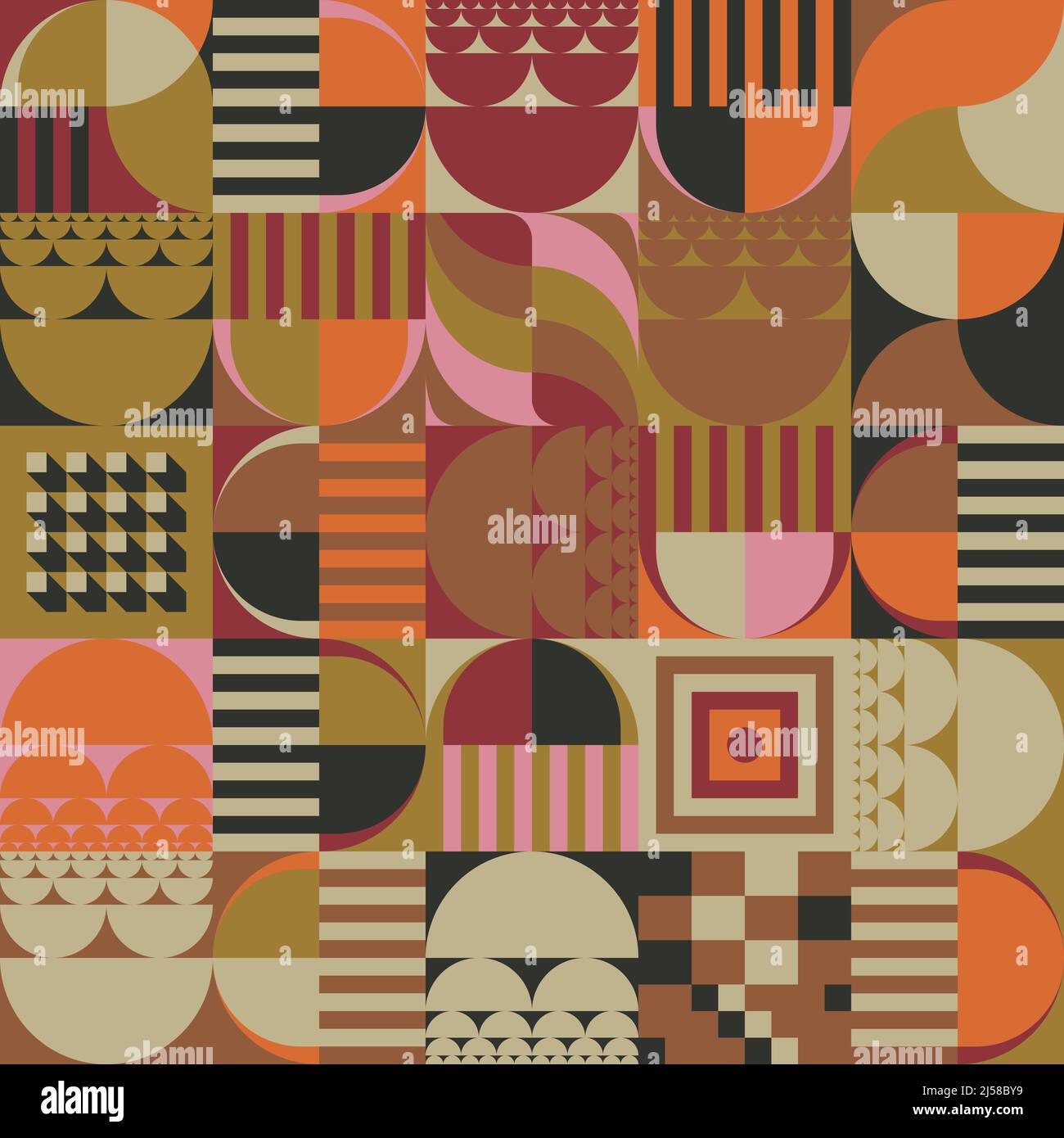 Grafica vettoriale astratta di metà secolo realizzata con varie forme geometriche ed elementi. Grafica geometrica per poster, copertina, arte, presentazione Illustrazione Vettoriale