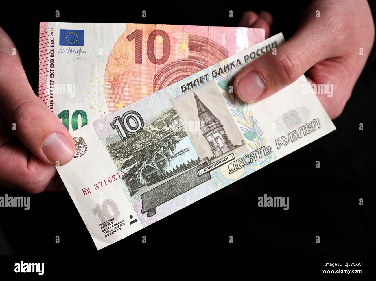 Ruble, euro, banconote, banconote, Studio shot Foto Stock