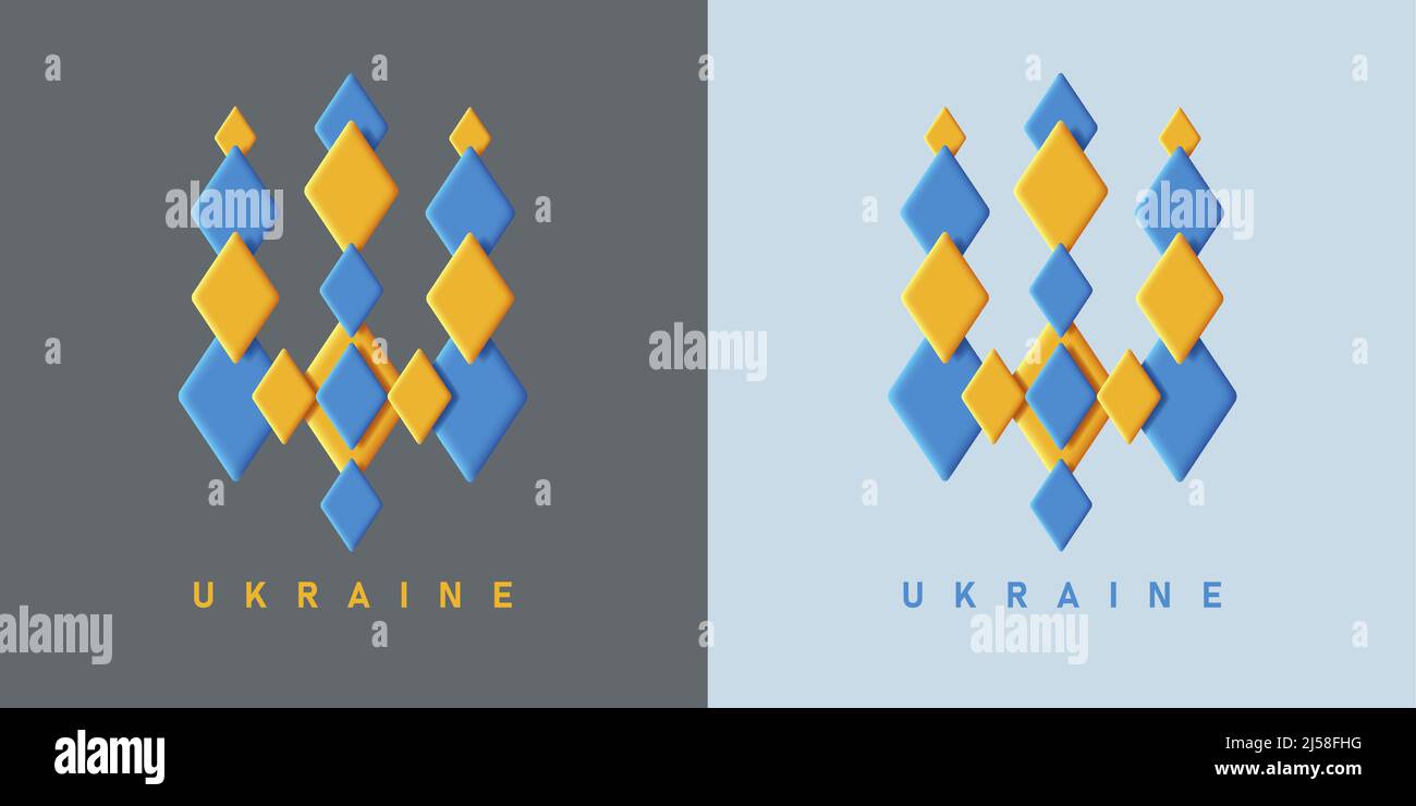 Simbolo stilizzato del tridente ucraino, nazionale. Emblema creato da diamanti poligonali di colore blu e giallo Illustrazione Vettoriale