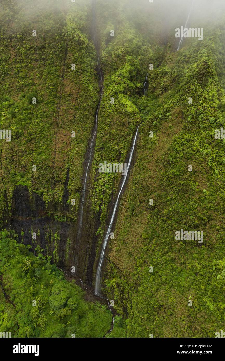 Le cascate precipitarono a centinaia di metri lungo la faccia di Wai'ale'ale a Kauai, Hawaii. Uno dei punti più piovosi della Terra. Foto Stock