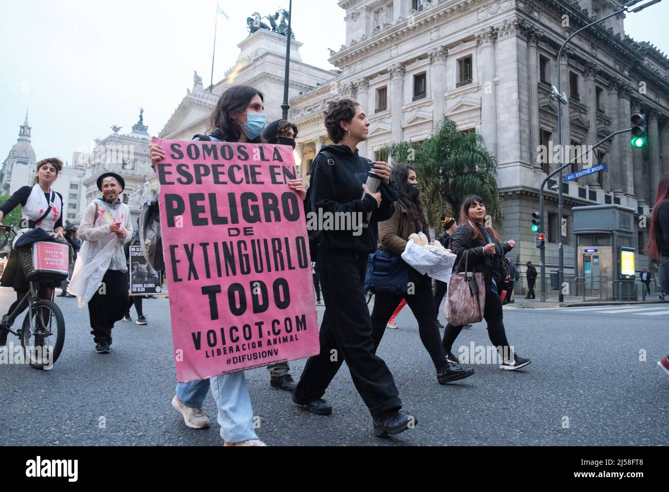 Buenos Aires, Argentina; Nov 1, 2021: Giornata mondiale del Vegan, attivisti che marciavano di fronte al Congresso tenendo manifesti: Siamo la specie in pericolo di estare Foto Stock