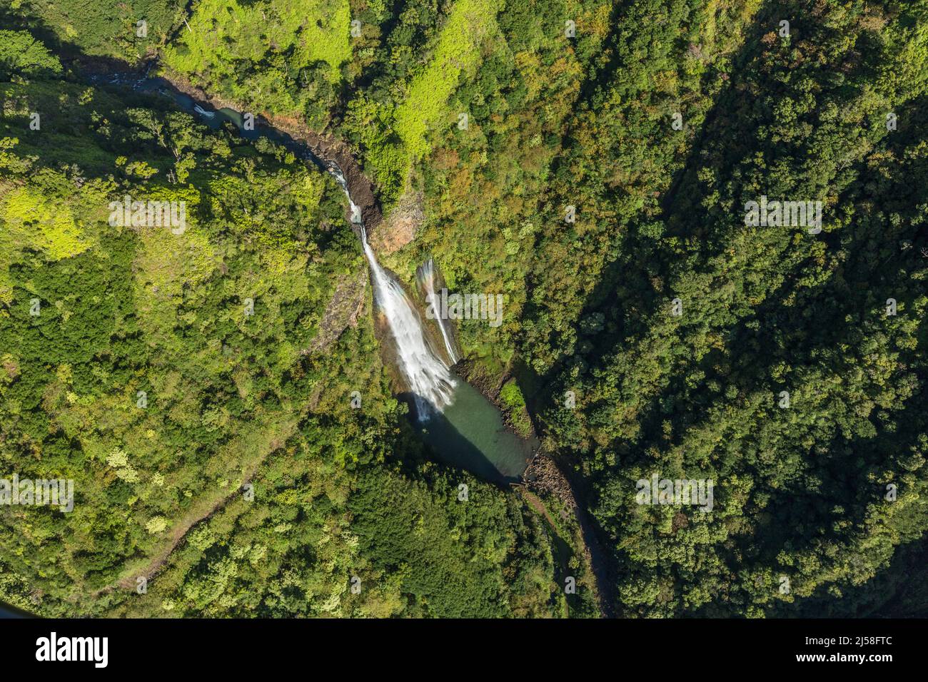 Manawaiopuna Falls, conosciuta anche come Jurassic Falls, si trova nella Hanapepe River Valley sul lato sud dell'isola di Kauai, Hawaii, Stati Uniti. IT Foto Stock