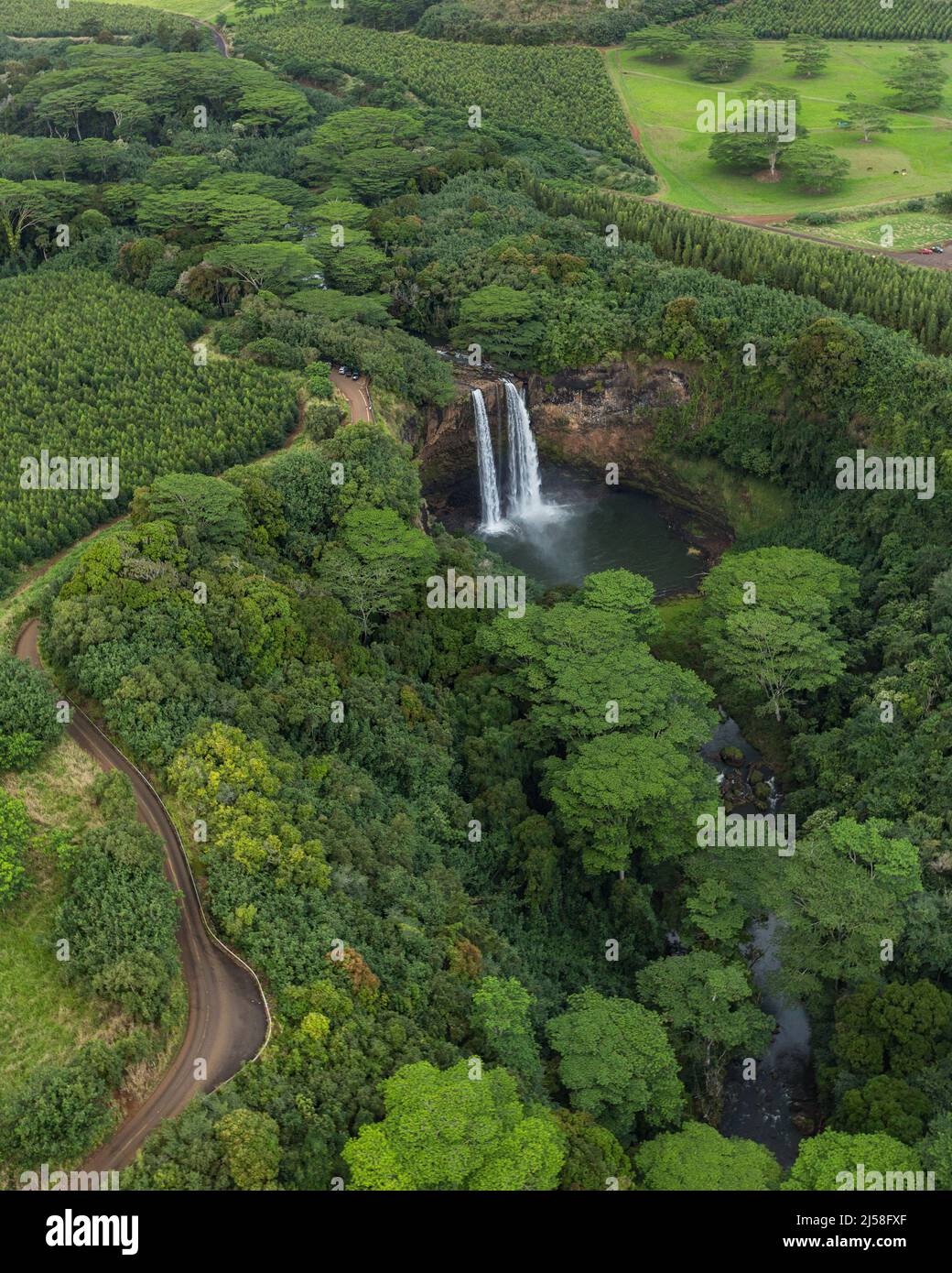 Una vista aerea delle Cascate di Wailua nel Wailua River state Park a Kauai, Hawaii. Dalle cascate è una fattoria che cresce alberi per scheggiature e bruciare in elettricità Foto Stock