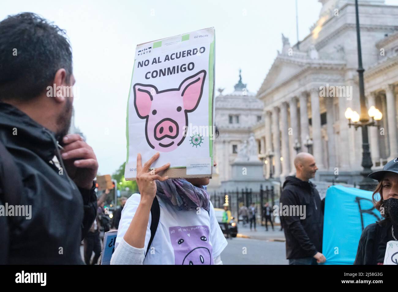 Buenos Aires, Argentina; Nov 1, 2021: Giornata mondiale del Vegan, attivisti che marciavano di fronte al Congresso tenendo striscioni per i diritti degli animali. Poster: Disegno di maiale Foto Stock
