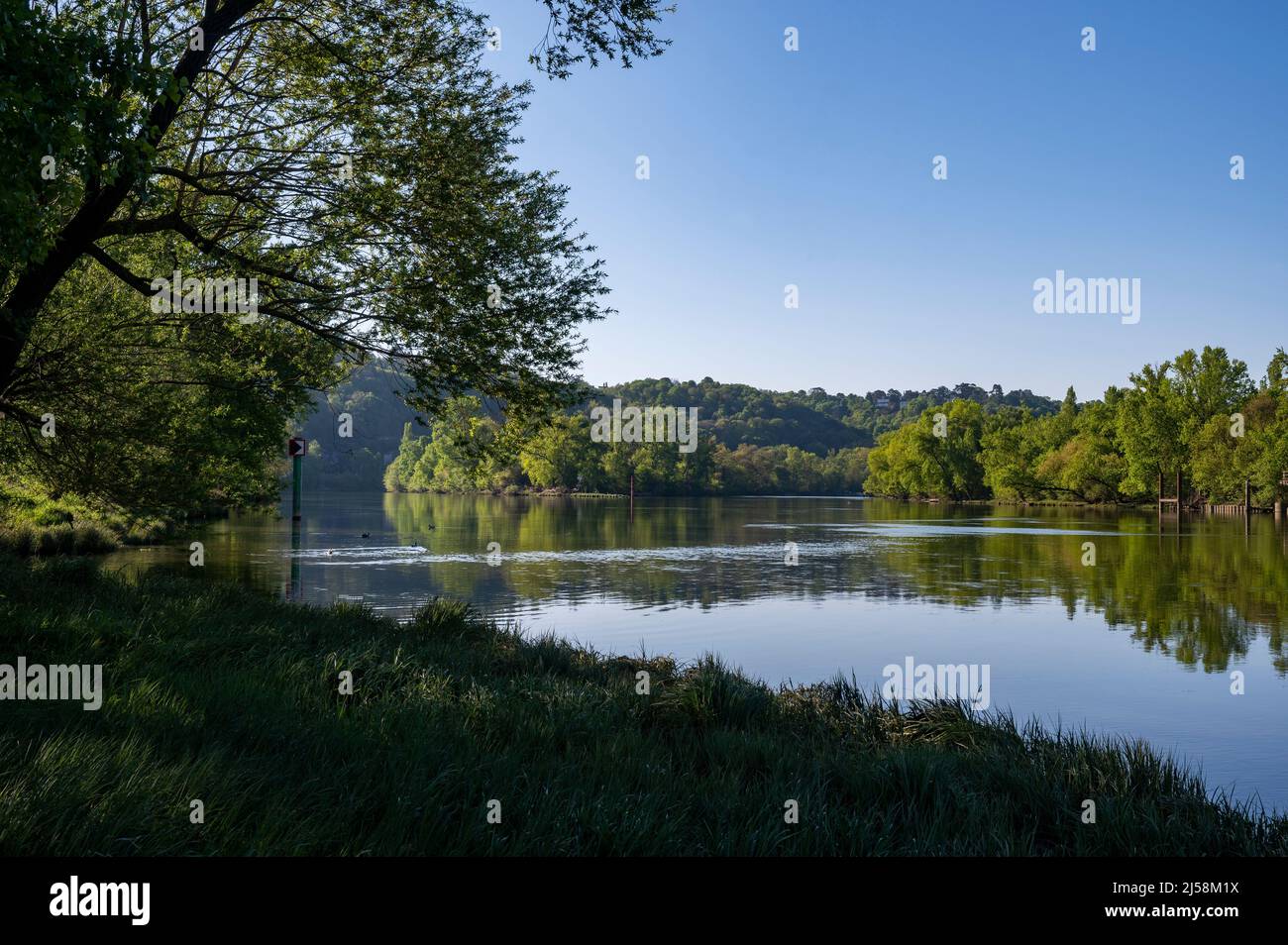 Paesaggio primaverile sulle rive del fiume Saone in primavera nel dipartimento del Rodano in Francia Foto Stock