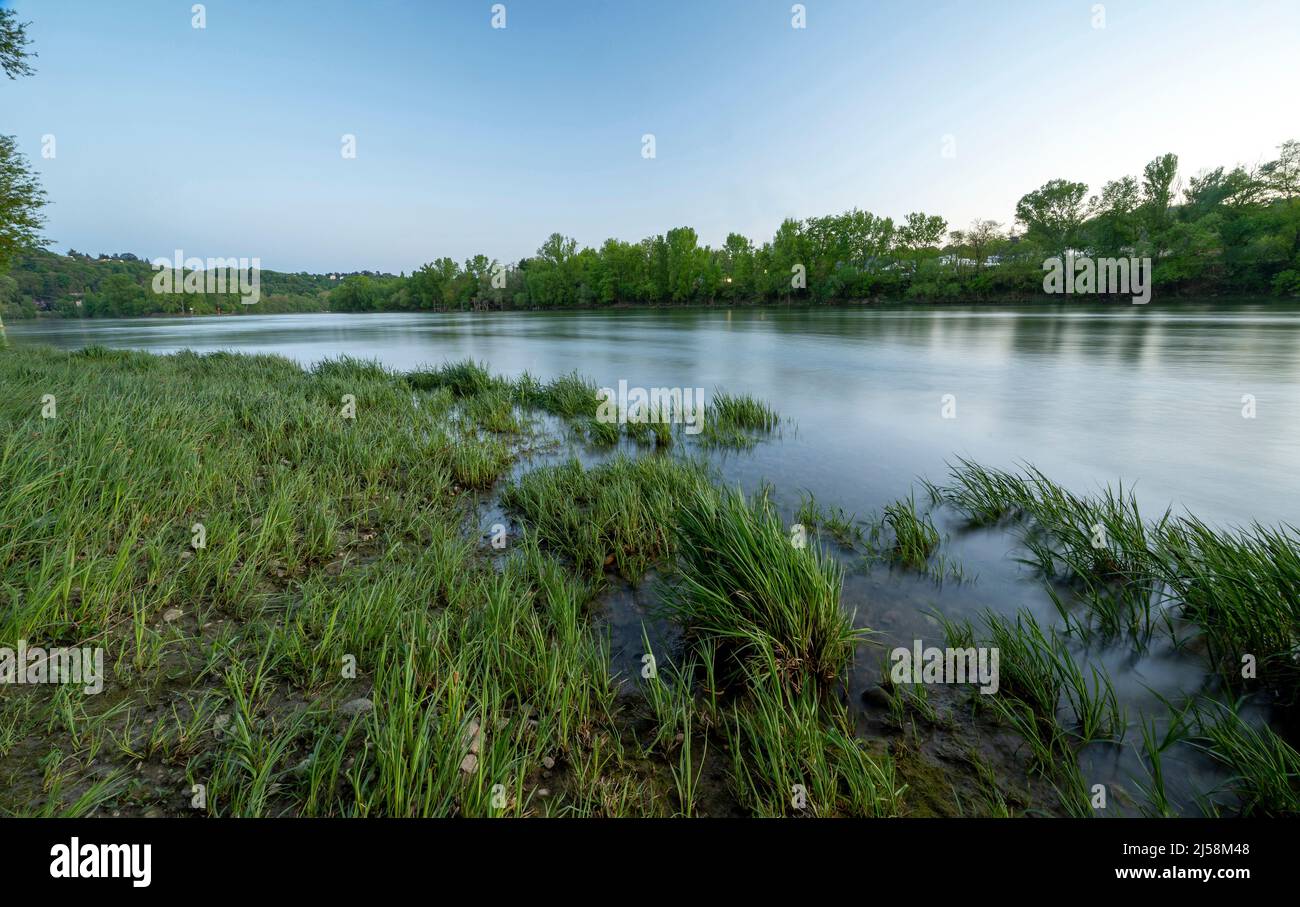 Paesaggio primaverile sulle rive del fiume Saone in primavera nel dipartimento del Rodano in Francia Foto Stock