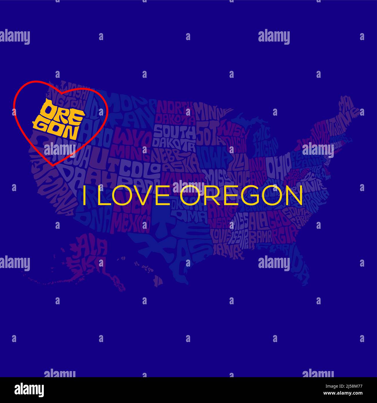 Cartografia Oregon. Amo la tipografia dell'Oregon. Mappa US tipografia tutti gli stati nome. Illustrazione Vettoriale