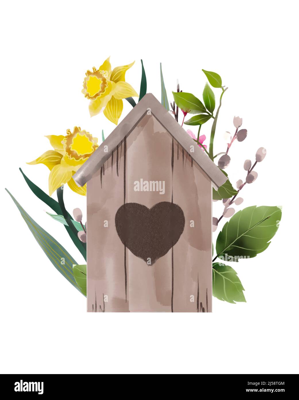 Acquerello Clipart di pasqua, elementi di pasqua isolati, clipart di primavera, acquerello foglie set, birdhouse, willow, pianta rami disegno a mano illustrazione Foto Stock