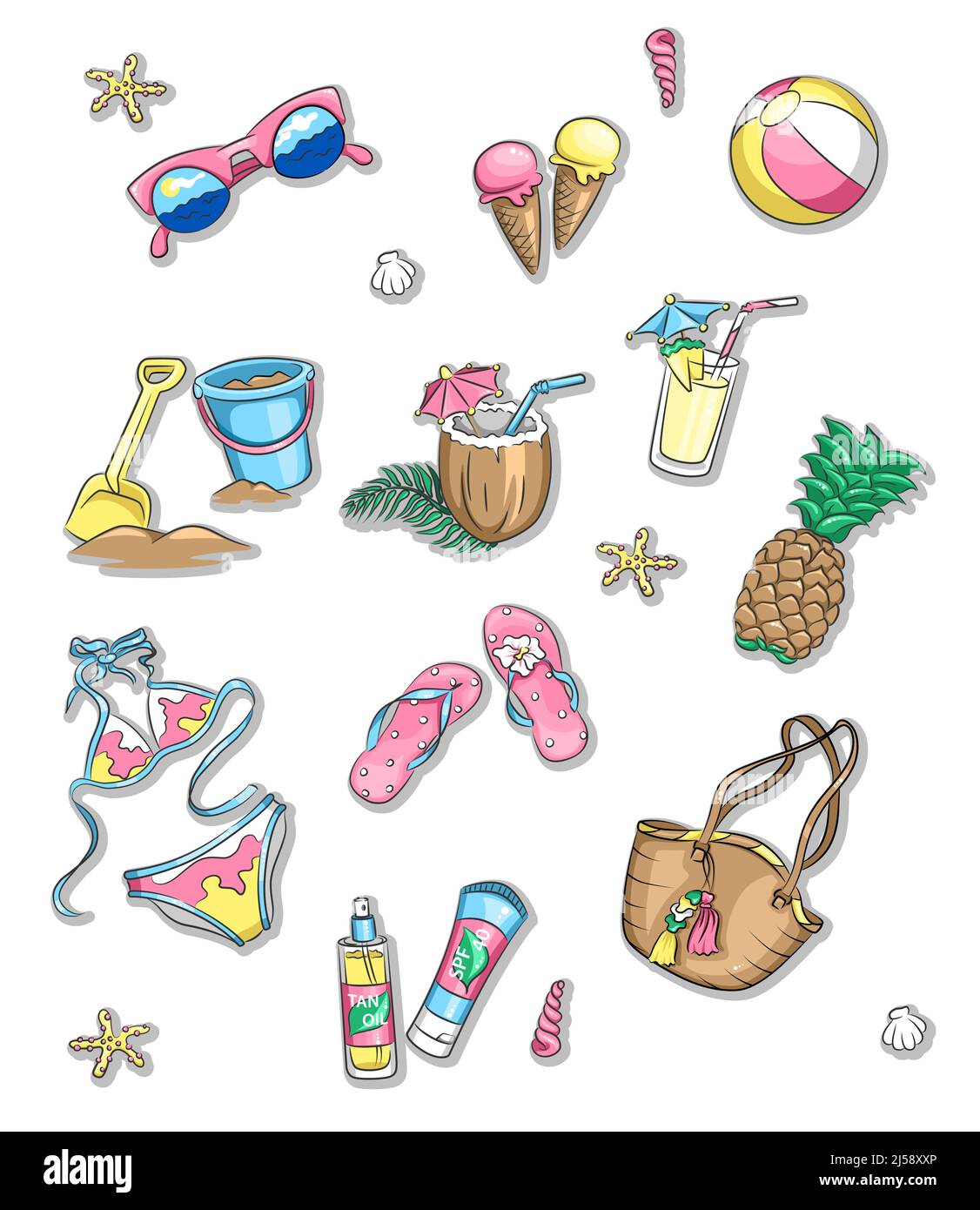 Set di adesivi con le icone di Cute Summer Holiday. Risorse di progettazione grafica per illustrazioni vettoriali Illustrazione Vettoriale