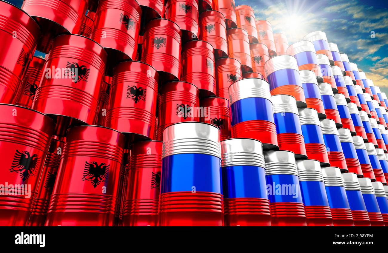 Barili di petrolio con bandiere di Russia e Albania - illustrazione 3D Foto Stock
