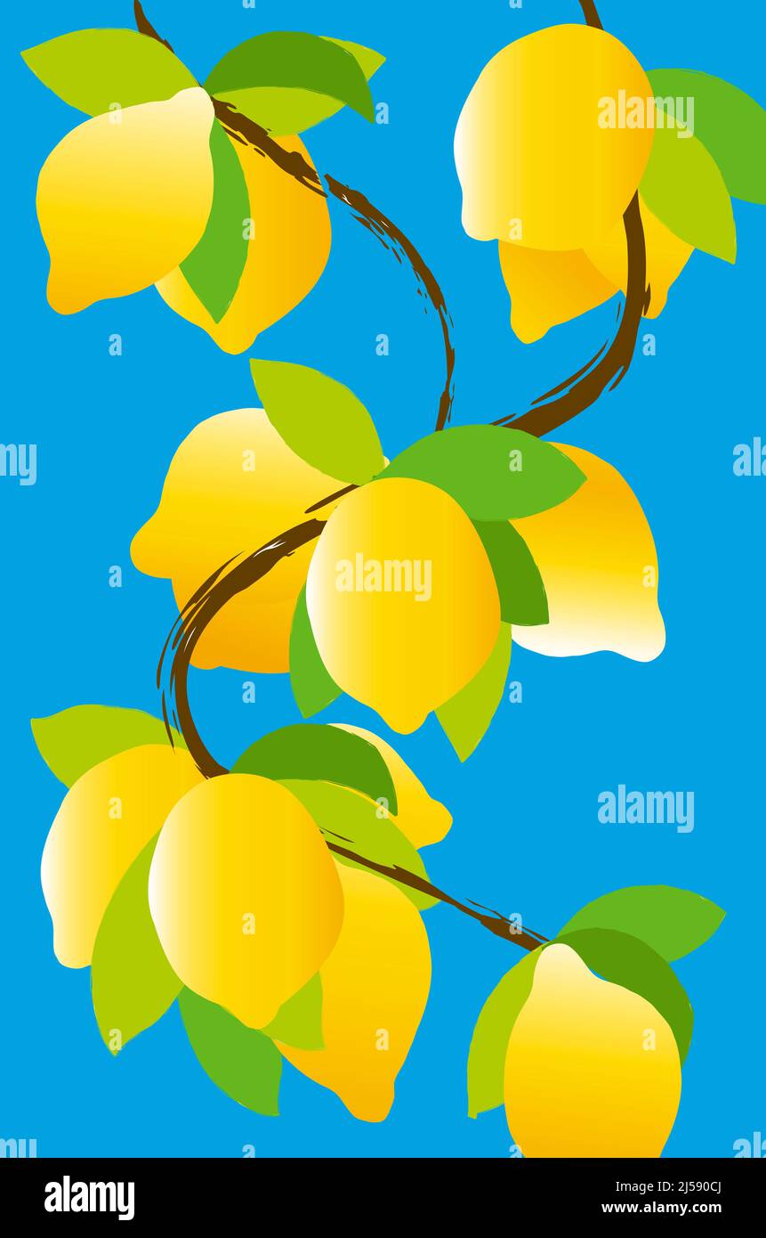 Motivi estivi tropicali con limoni gialli su sfondo blu. Foto Stock