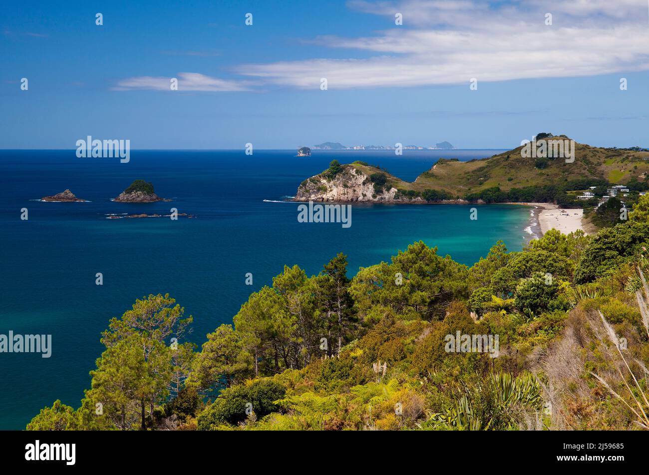 Vista della spiaggia di Hahei e della penisola di Coromandel sull'isola settentrionale della Nuova Zelanda Foto Stock