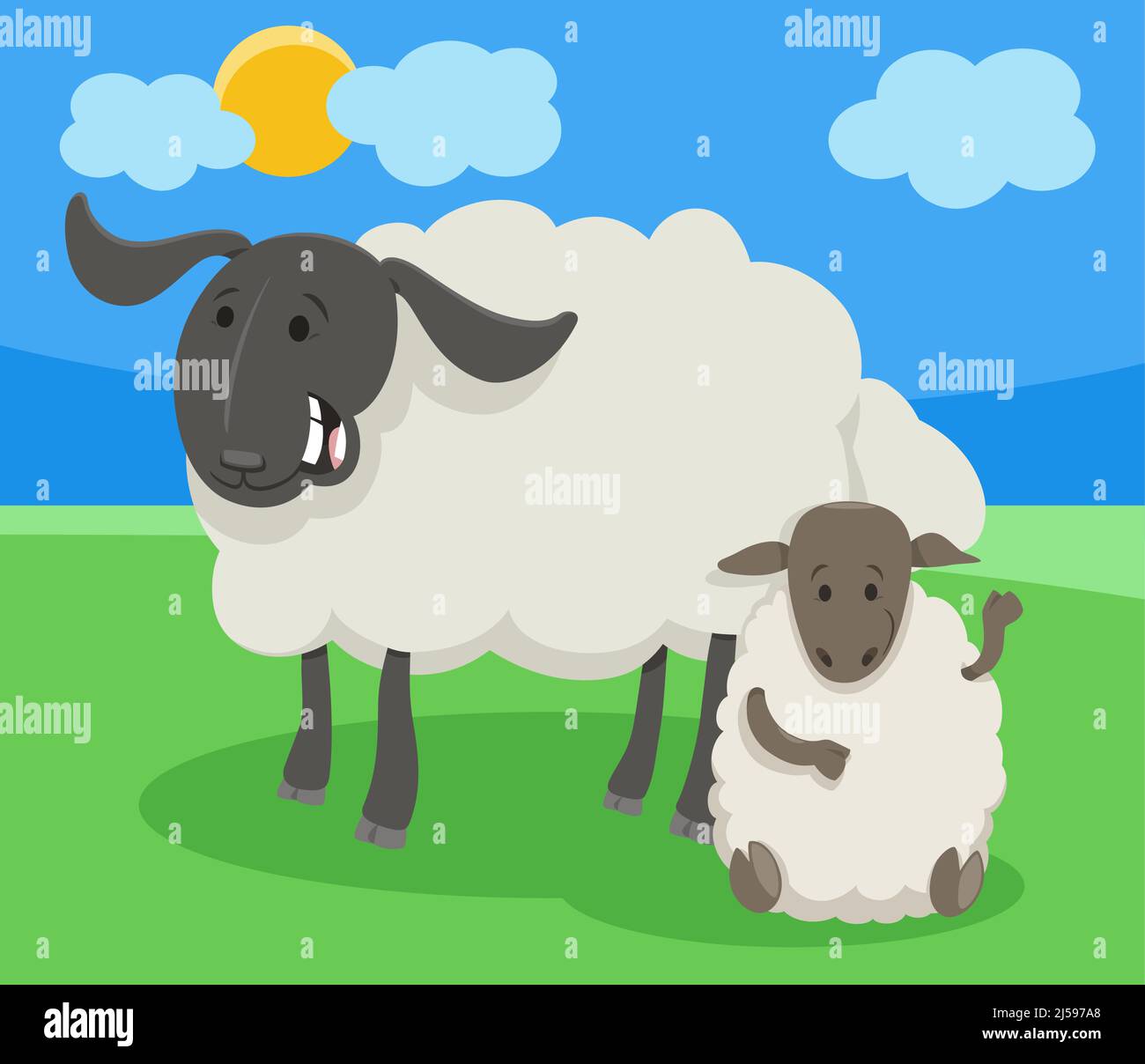 Illustrazione di cartoni animati di divertente fattoria di pecore carattere animale con agnello piccolo Illustrazione Vettoriale