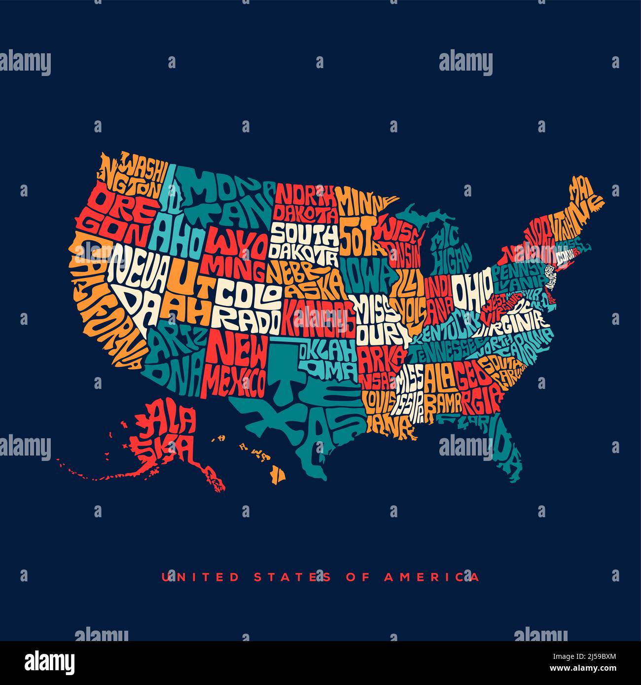Tipografia cartografica USA. Stati Uniti d'America mappa tipografia arte. USA Map Lettering con tutti gli stati nome. Illustrazione Vettoriale