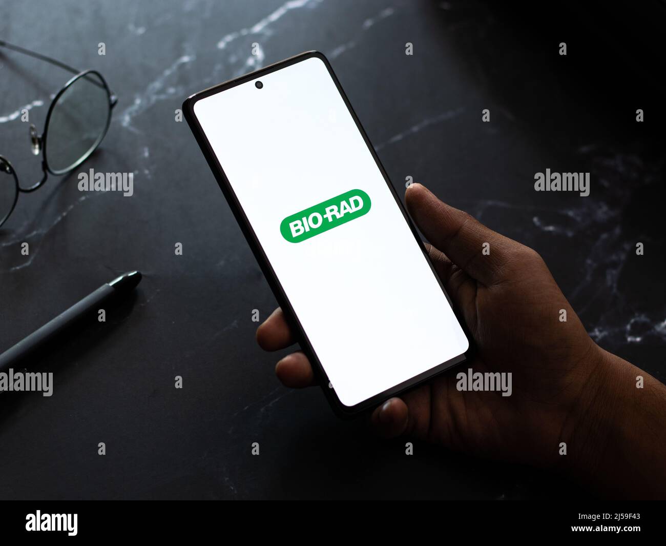 West Bangal, India - 20 aprile 2022: Logo Bio Rad Laboratories sullo schermo del telefono immagine stock. Foto Stock