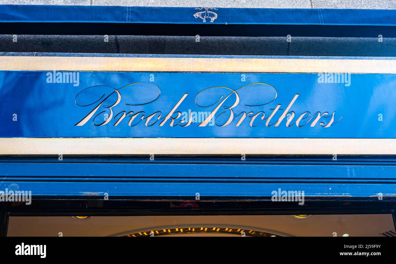 Segno di Brooks Brothers negozio di abbigliamento moda Mens su Calle Serrano 14, ora definitivamente chiuso. Madrid, Spagna Foto Stock